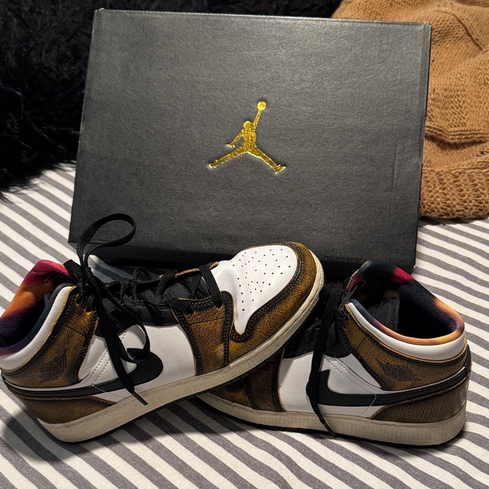 Jordan Mid Sneakers - White, Black & Gold Accent